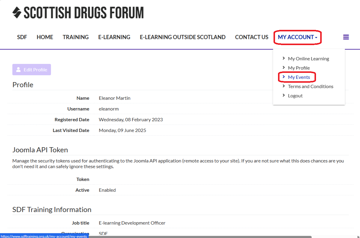screenshot of My Events in SDF Training 