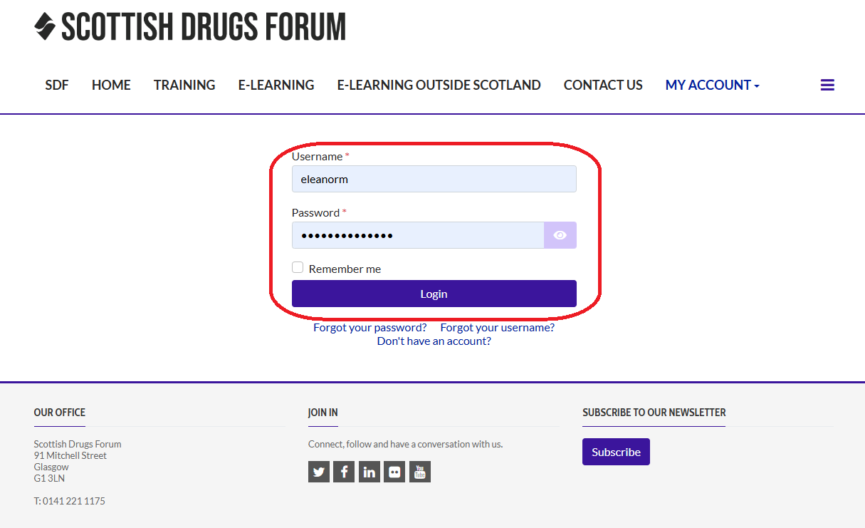 screenshot of SDF Training login page